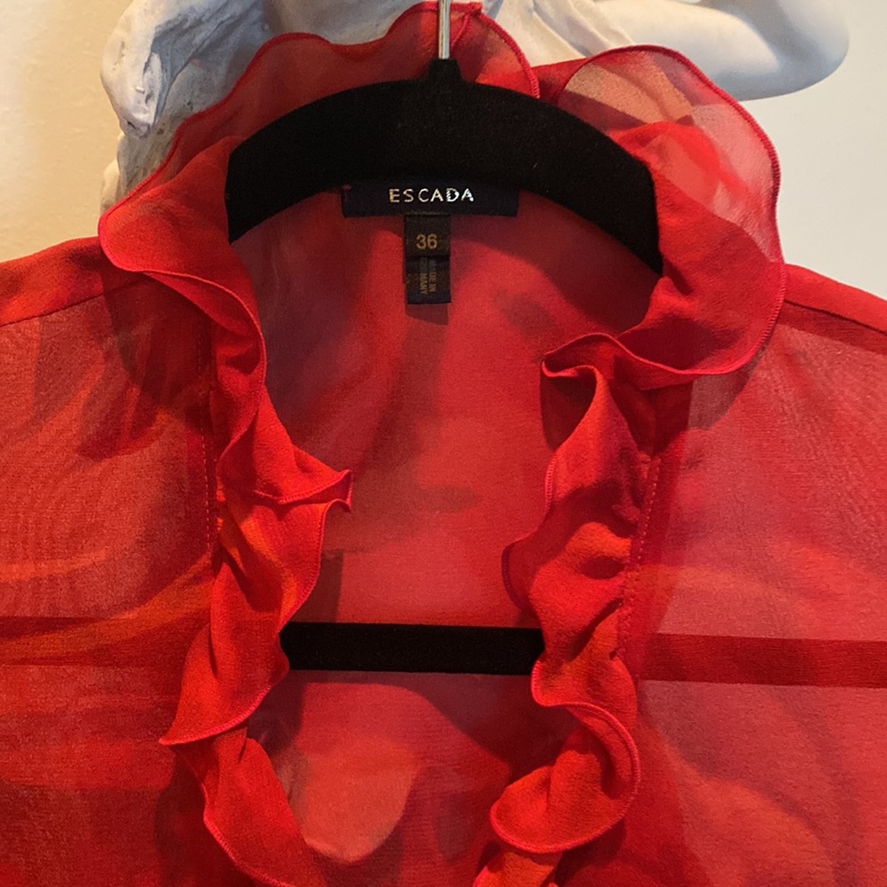Escada Red Ruffled Sheer Blouse🌹🍒♥️ - Picture 3 of 7